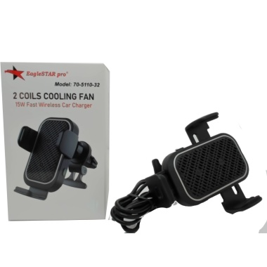Car charger wireless 15W fast charge vent clip mount - 2 coils and cooling fan