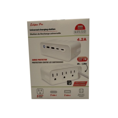Universal charging station with 4 foot cord - 3 outlets - 2 USB-C - 2 USB-A