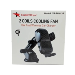 Car charger wireless 15W fast charge suction cup mount - 2 coils and cooling fan