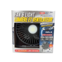 fan and light rechargable via USB 3 modes low - 4 hours med - 2.5hrs high - 2hrs 20 lumen