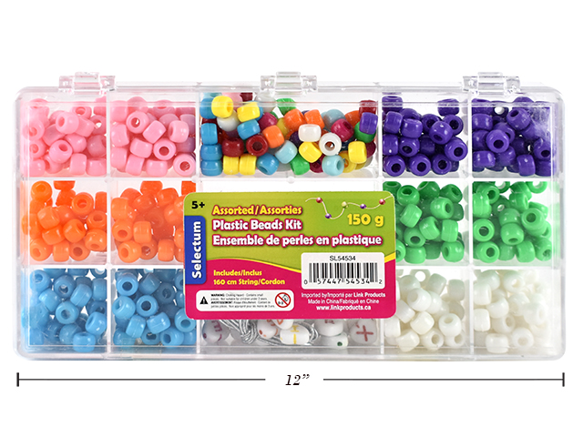 ASSORTED PLASTIC COLORED BEADS KIT 150 GSM TOTAL 160CM STRING INCL.( SIZE OF BOX: 21x11.5x2.9cm)