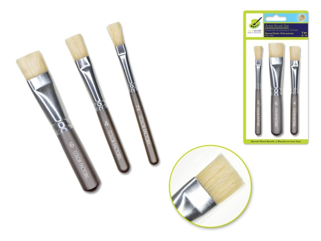 Artist Brush Set: \'Stubbies\' Smooth Handle Bristle x3 Wood Handle B) Flat #2/4/6