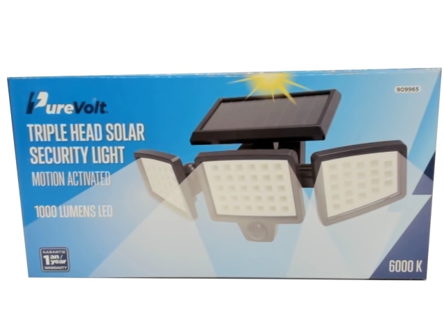Solar Security Light Triple Head LED 1000 Lumens Purevolt