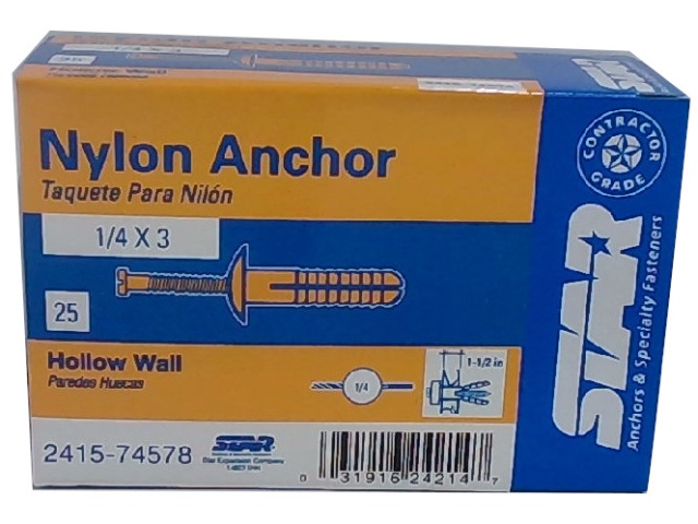 Nylon Anchor 1/4 x 3 Hollow Wall\