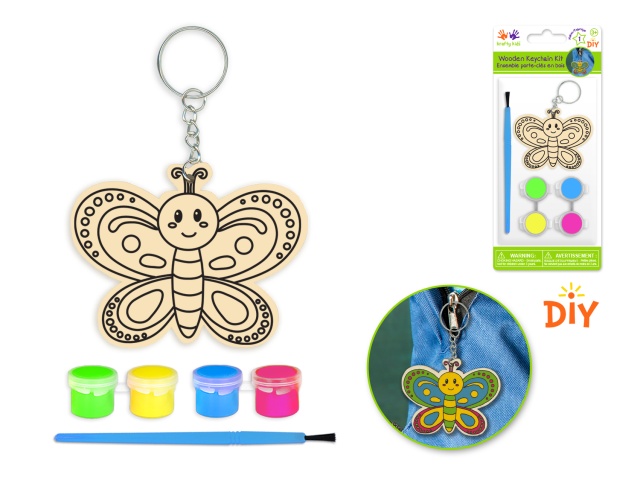 Krafty Kids Kit: DIY Wood Keychain Kit w/4 Paint Pots+Brush A) Butterfly