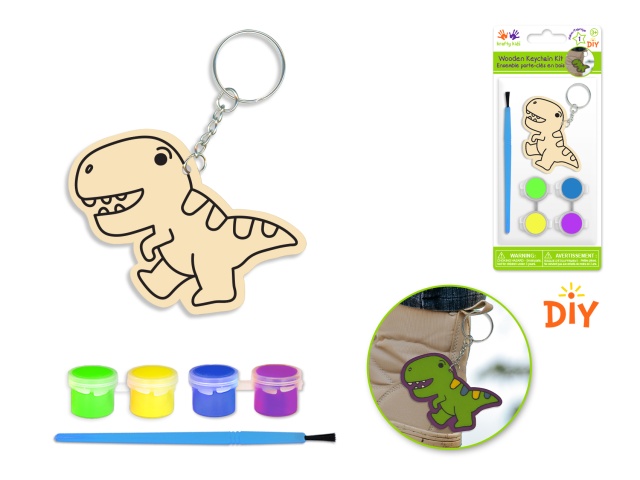 Krafty Kids Kit: DIY Wood Keychain Kit w/4 Paint Pots+Brush D) T-Rex