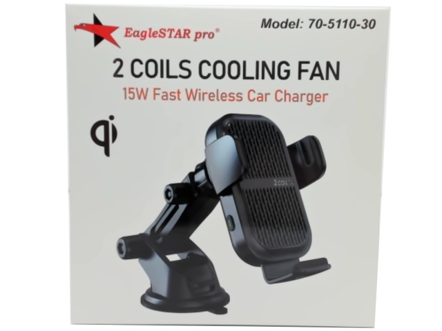 Car charger wireless 15W fast charge suction cup mount - 2 coils and cooling fan
