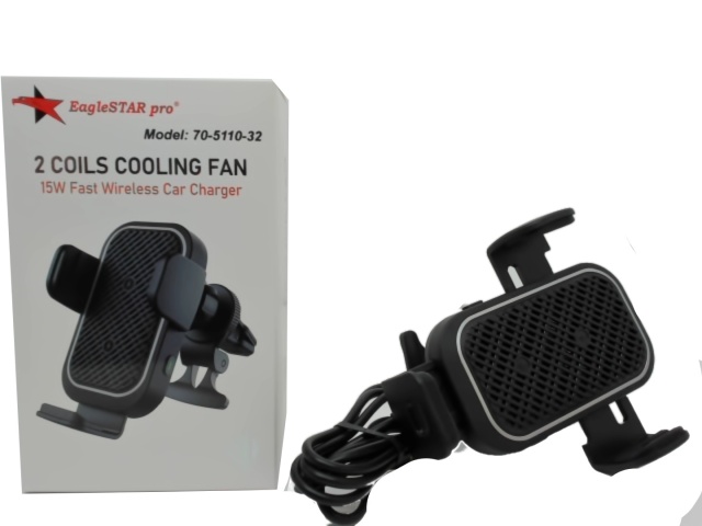 Car charger wireless 15W fast charge vent clip mount - 2 coils and cooling fan