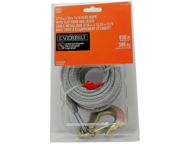 3/16 X 50\' 7x19 Wire Rope w/Slip Hook & Latch 850lb. Galvanized Everbilt\