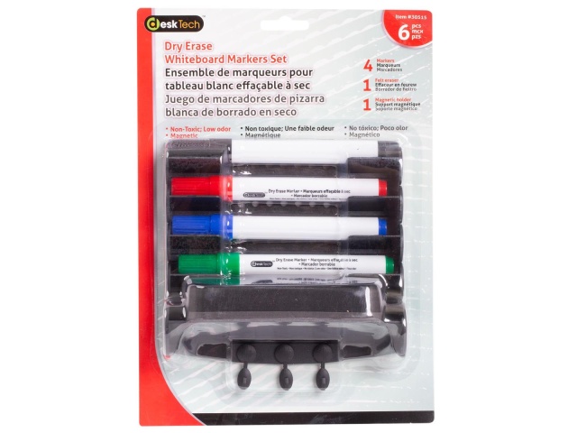DeskTech 5-pc Dry Erase Marker set 4 colors, Rd/Bu/Bk/Gr