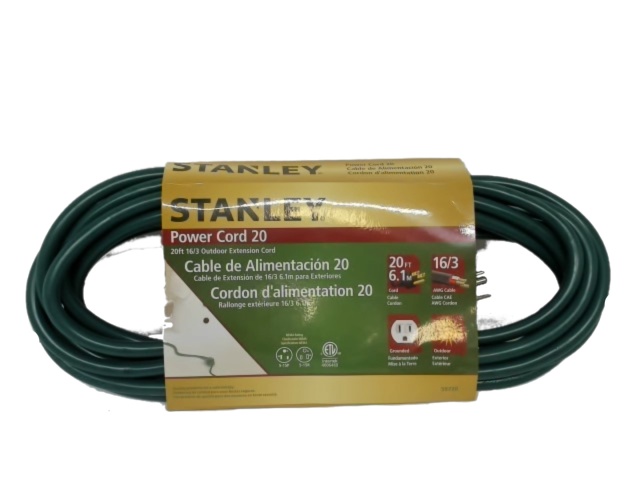 Extension Cord 20\' Outdoor AWG 16/3 SJTW Power Cord 20 Stanley