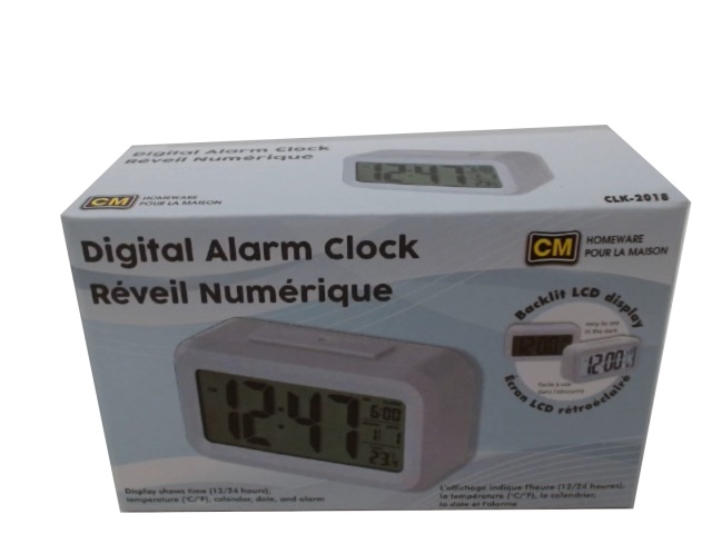 Digital alarm clock with time temperature and date