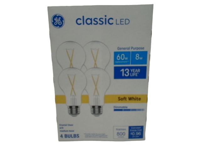 Light Bulbs 4pk. 8W Dimmable Soft White A19 Medium Base Classic LED G.E.