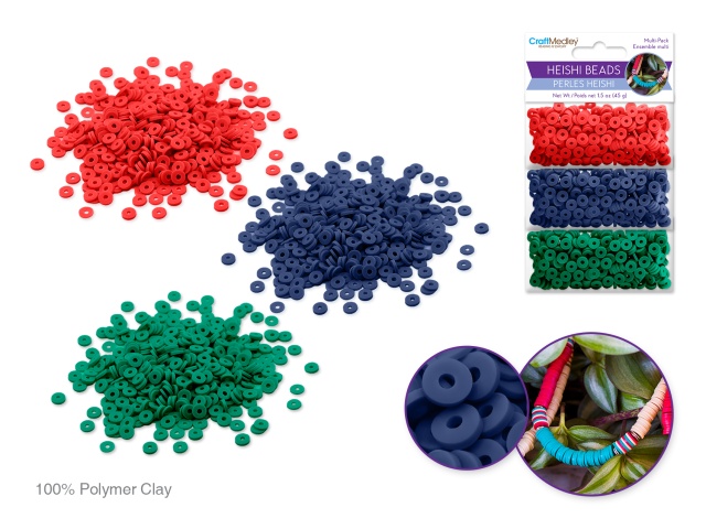Polymer Clay Beads: 6mm Round Heishi 45g 3-Col 15g ea B) Bold