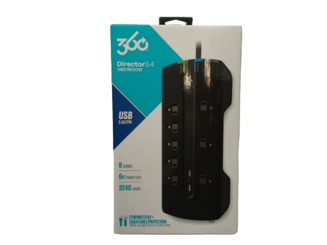 Surge Protector 8 Outlets 2 USB 6\' Cord 3240 Joules Director 3.4 360
