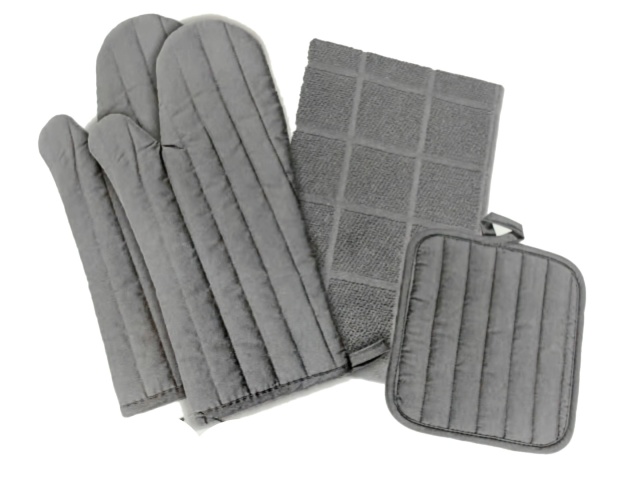 Solid 4 pc kitchen sets - mitts, pot holder, towel grey