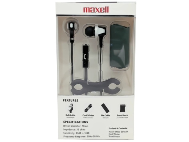 Wired Earbuds w/Mic Tangle-Free Winder & Travel Pouch Maxell