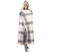 Printed hooded throw with reversible sherpa 48x65 inch grey plaid